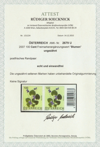 2007 - Österreich - BLUMEN - VEILCHEN - ANK 2679 U - Ungezähnt - waagrechter rechter Bogenrand mit Strichcode - Fototattest - Postfrisch ** / DB / Kommissionsverkauf 