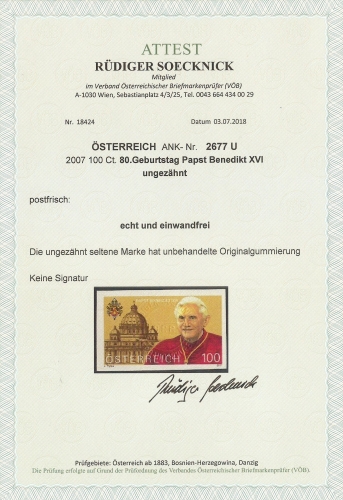 2007 - Österreich - PAPST BENEDIKT - ANK 2677 U - Ungezähnt - Fototattest - Postfrisch ** / DB / Kommissionsverkauf 