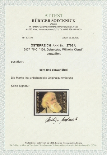 2007 - Österreich - ANK 2702 U - UNGEZÄHNT - 150. Geburtstag von Wilhelm KIENZL - mit Fototattest - Postfrisch **