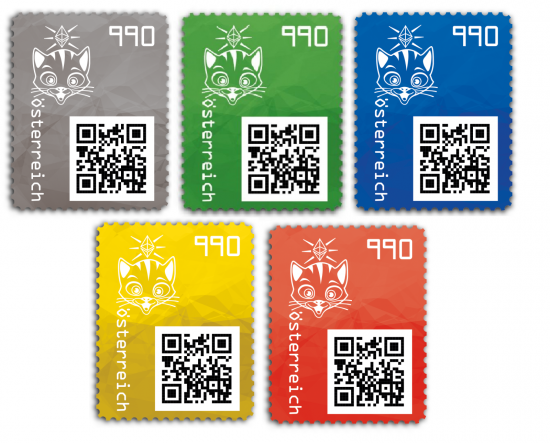 Crypto Stamp 3.1 - KATZE - KOMPLETTES SET - Farben: SCHWARZ + GRÜN + BLAU + GELB + ROT - Postfrisch **