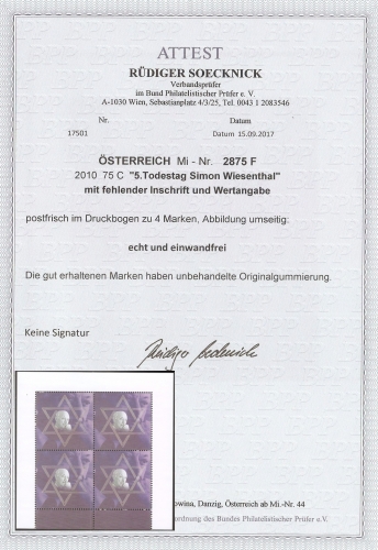 2010 - Österreich - MI 2875 F - Druckbogen Simon Wiesenthal mit FEHLENDER INSCHRIFT UND WERTANGABE - mit Fotoattest - Postfrisch ** / DB / Kommissionsverkauf 